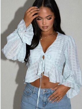 Fashion Nova Pale Blue Tie-Front Ruffle Blouse